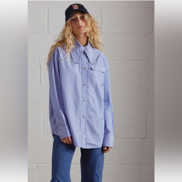 Damson Madder Tops - Damson Madder Kendall Ruffle Shirt In Blue Stripe Cotton Poplin